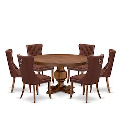7-Pc Dining Table Set Consist A Mid Century Table And 6 Burgundy Parson Chairs