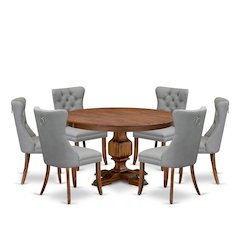 7-Pc Mid Century Dining Set Consist A Table And 6 Light Gray Upholstered Chairs