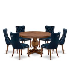 7-Pc Dinner Table Set Consist A Mid Century Table And 6 Navy Blue Parsons Chairs