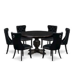 7 Piece Kitchen Table Set Contains 54" Round Table In Black Color