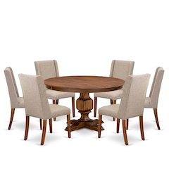 7-Pc Dining Set Of A Modern Kitchen Table, 6 Light Tan Fabric Dining Room Chairs