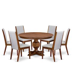7-Piece Dining Table Set A Mid Century Modern Table, 6 Grey Fabric Room Chairs