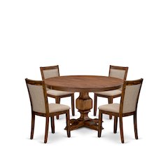 5-Pc Dining Room Set Of A Pedestal Kitchen Table, 4 Light Tan Fabric Chairs