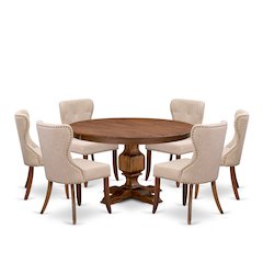 7-Pc Kitchen Table Set Of A Pedestal Table, 6 Light Tan Fabric Padded Chairs