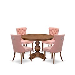 5-Pc Kitchen Dining Table Set Contain A Wood Table, 4 Beige Red Parsons Chairs