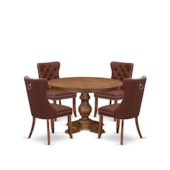 5-Pc Dining Room Table Set Contain A Wood Table, 4 Burgundy Upholstered Chairs