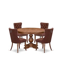 5-Pc Dining Set Contain A Wooden Table And 4 Burgundy Upholstered Dining Chairs