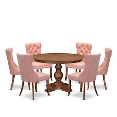 7-Pc Mid Century Modern Dining Table Set Include A Table And 6 Beige Red Chairs