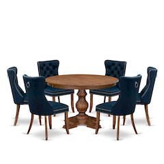 7-Piece Kitchen Table Set Featuring 6 Navy Blue Faux Leather Dining Chairs