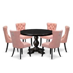 7 Piece Dining Set Includes 48" Round Kitchen Table In Beige Red Color