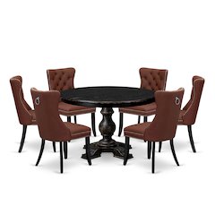 7 Piece Dining Table Set Includes 48" Round Table In Burgandy Color