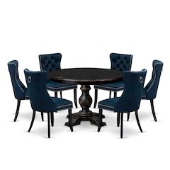 7 Piece Dining Table Set Contains 48" Round Table In Navy Blue Color