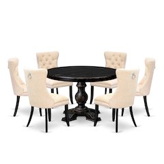 7-Pc Dinette Set Of A Kitchen Table, 6 Light Beige Linen Fabric Dinner Chair