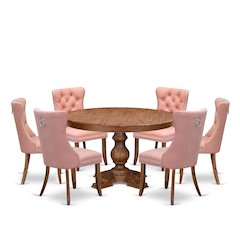 7-Pc Dining Room Set Include A Table And 6 Beige Red Upholstered Dining Chairs