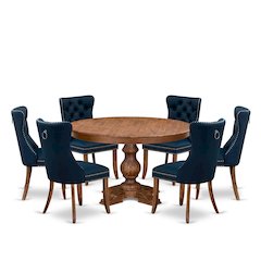 7-Pc Kitchen Table Set Include A Dining Table And 6 Navy Blue Parson Chairs