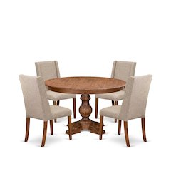5-Piece Dining Room Set A Mid Century Table, 4 Light Tan Fabric Kitchen Chairs