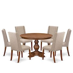 7-Piece Modern Dining Table And 6 Light Tan Linen Fabric Dinner Chairs