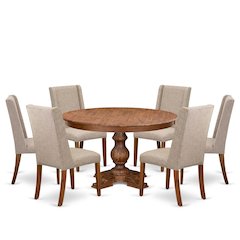 7-Piece Kitchen Table A Wood Table And 6 Light Tan Linen Fabric Dinner Chair