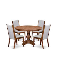 5-Piece Kitchen Table Set A Mid Century Table, 4 Grey Fabric Upholstered Chairs