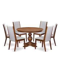 7-Piece Mid Century Dining Table Set Of A Wood Dining Table, 6 Grey Chairs