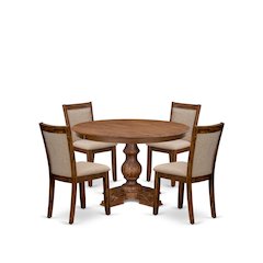 5-Pc Kitchen Set A Pedestal Dining Table, 4 Light Tan Linen Fabric Parson Chairs