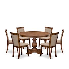 7-Pc Dining Set Of A Pedestal Dinner Table, 6 Light Tan Fabric Padded Chairs