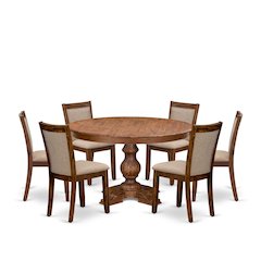 7-Pc Kitchen Table Set A Pedestal Breakfast Table, 6 Light Tan Fabric Chairs