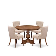 5-Pc Kitchen Set A Pedestal Wooden Table, 4 Light Tan Fabric Kitchen Chairs