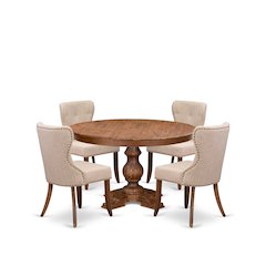 5-Pc Mid-Century Kitchen Set A Pedestal Table, 4 Light Tan Fabric Dining Chairs
