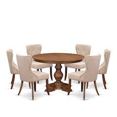 7-Pc Kitchen Set Of A Pedestal Dining Table, 6 Light Tan Fabric Kitchen Chairs