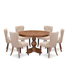 7-Pc Dining Set Of A Pedestal Kitchen Table, 6 Light Tan Fabric Parson Chairs