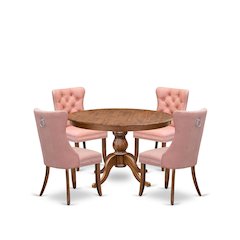 5-Pc Dinner Table Set Consist A Wood Dining Table And 4 Beige Red Parson Chairs