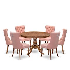 7-Pc Dining Room Table Set Contain A Mid Century Table And 6 Beige Red Chairs