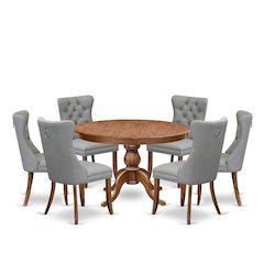 7-Pc Mid Century Dining Set Contain A Table And 6 Light Gray Upholstered Chairs