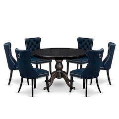 7 Piece Dining Table Set Consists Of 48" Round Table In Navy Blue Color