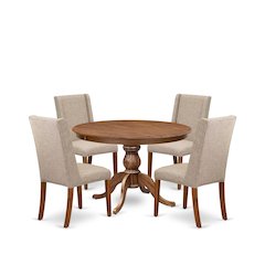 5-Piece Dinner Table Set Of A Dining Table, 4 Light Tan Fabric Mid Century Chair