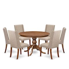 7-Piece Dinette Set A Mid Century Dining Table, 6 Light Tan Fabric Kitchen Chair