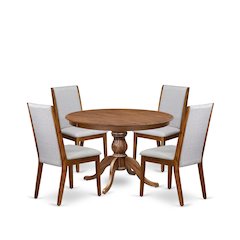 5-Piece Dining Table Set A Mid Century Dining Table, 4 Grey Fabric Dining Chairs