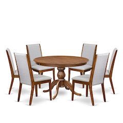 7-Piece Dining Table Set A Mid Century Dining Table, 6 Grey Fabric Dining Chairs