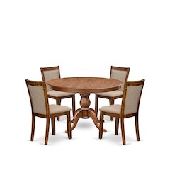 5-Pc Kitchen Table Set A Pedestal Wooden Table, 4 Light Tan Fabric Dining Chairs