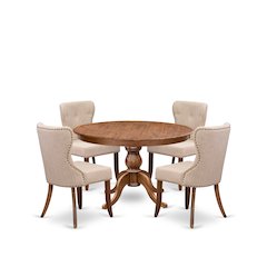 5-Pc Dining Set A Pedestal Dining Table & 4 Light Tan Linen Fabric Padded Chairs