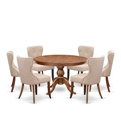 7-Pc Dining Set Of A Pedestal Dinner Table, 6 Light Tan Fabric Parson Chairs