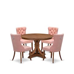5-Pc Kitchen Table Set Include A Wooden Table And 4 Beige Red Padded Chairs