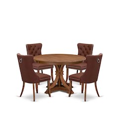 5-Pc Modern Table Set Include A Wooden Table And 4 Burgundy Upholstered Chairs