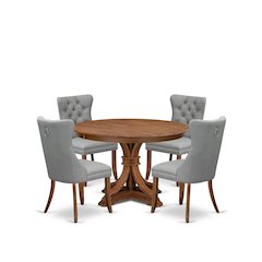 5-Pc Mid Century Dining Set Include A Wooden Table, 4 Light Gray Parson Chairs