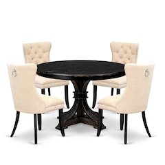 5-Piece Kitchen Set Of A Wood Table, 4 Light Beige Linen Fabric Dining Chair