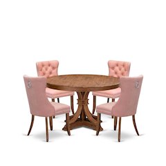 5-Pc Dining Table Set Consist A Kitchen Table And 4 Beige Red Padded Chairs
