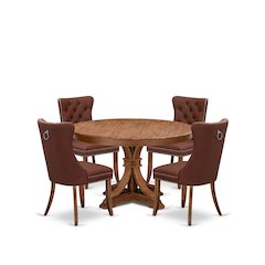5-Pc Mid Century Modern Set Consist A Table And 4 Burgundy Upholstered Chairs