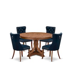 5-Pc Dining Set Consist A Kitchen Table, 4 Navy Blue Upholstered Dining Chairs