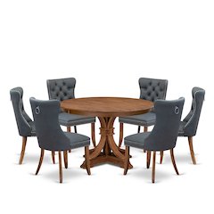 7-Piece Dining Table A Mid-Century Dining Table, 6 Platinum Gray Dining Chairs